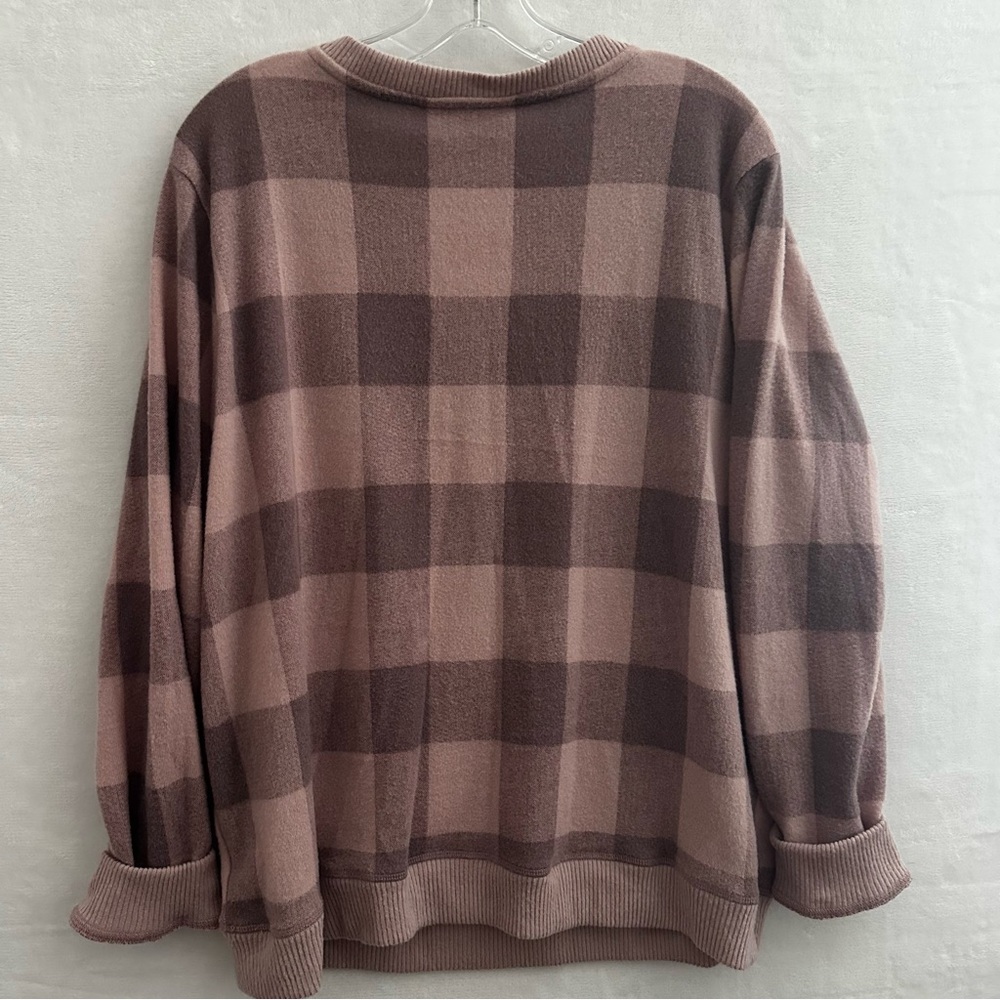 Emily Daniels Buffalo Plaid Sweater Women’s XL Pink Taupe V-Neck Cozy Soft - Picture 8 of 8